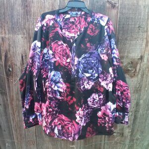 Apt. 9 Blouse Womens Size 2X Black Floral Print Roll Tab Sleeve Pullover Relaxed
